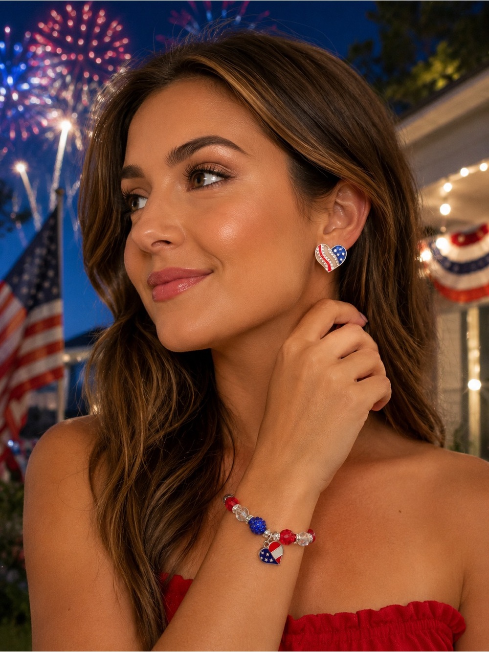 Patriotic Heart Stud Earrings - Red, White & Blue